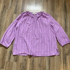 Loft Open Tie Neck Women's Blouse Size L Purple Boho Spring Lightweight Preppy